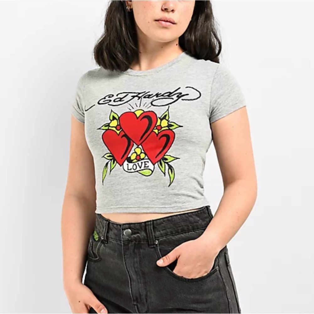 Ed Hardy Hearts Heather Gray Crop Top Women’s Medium